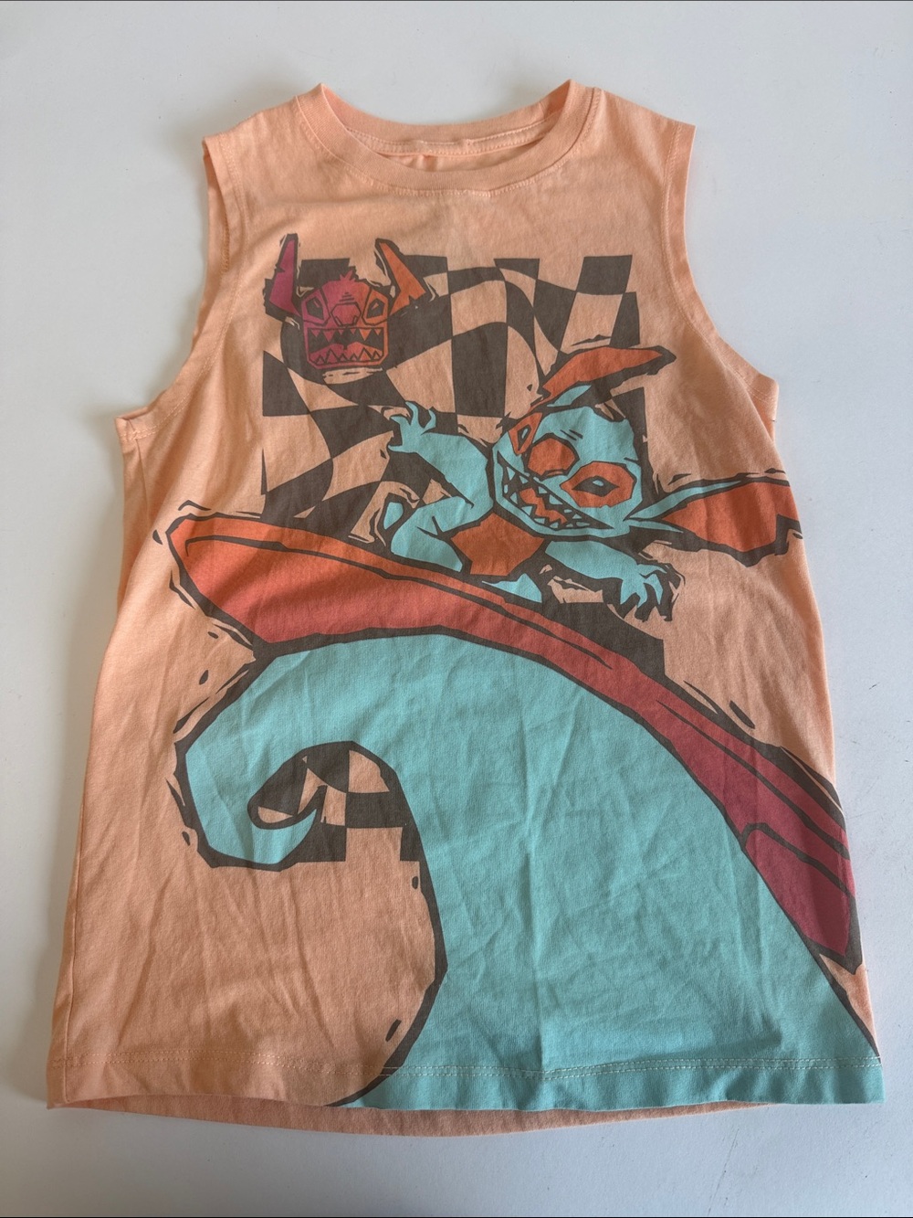 Kids Peach Disney Stitch Muscle Tank Top with Aqua & Coral Print